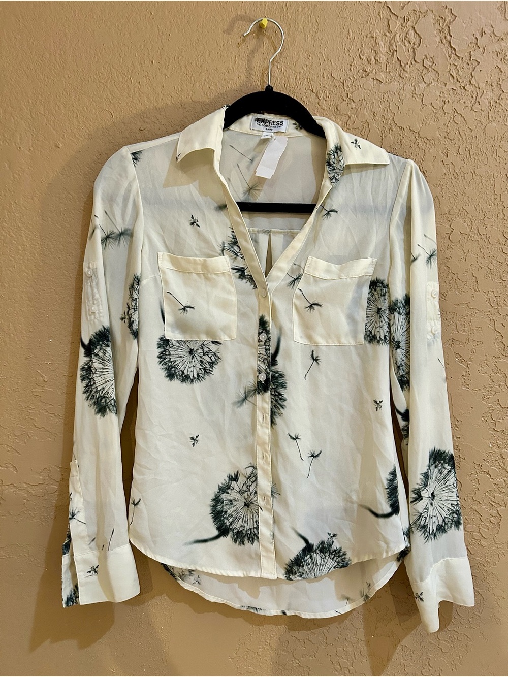 Express Ivory Button-Down Shirt with Black Dandelion Print